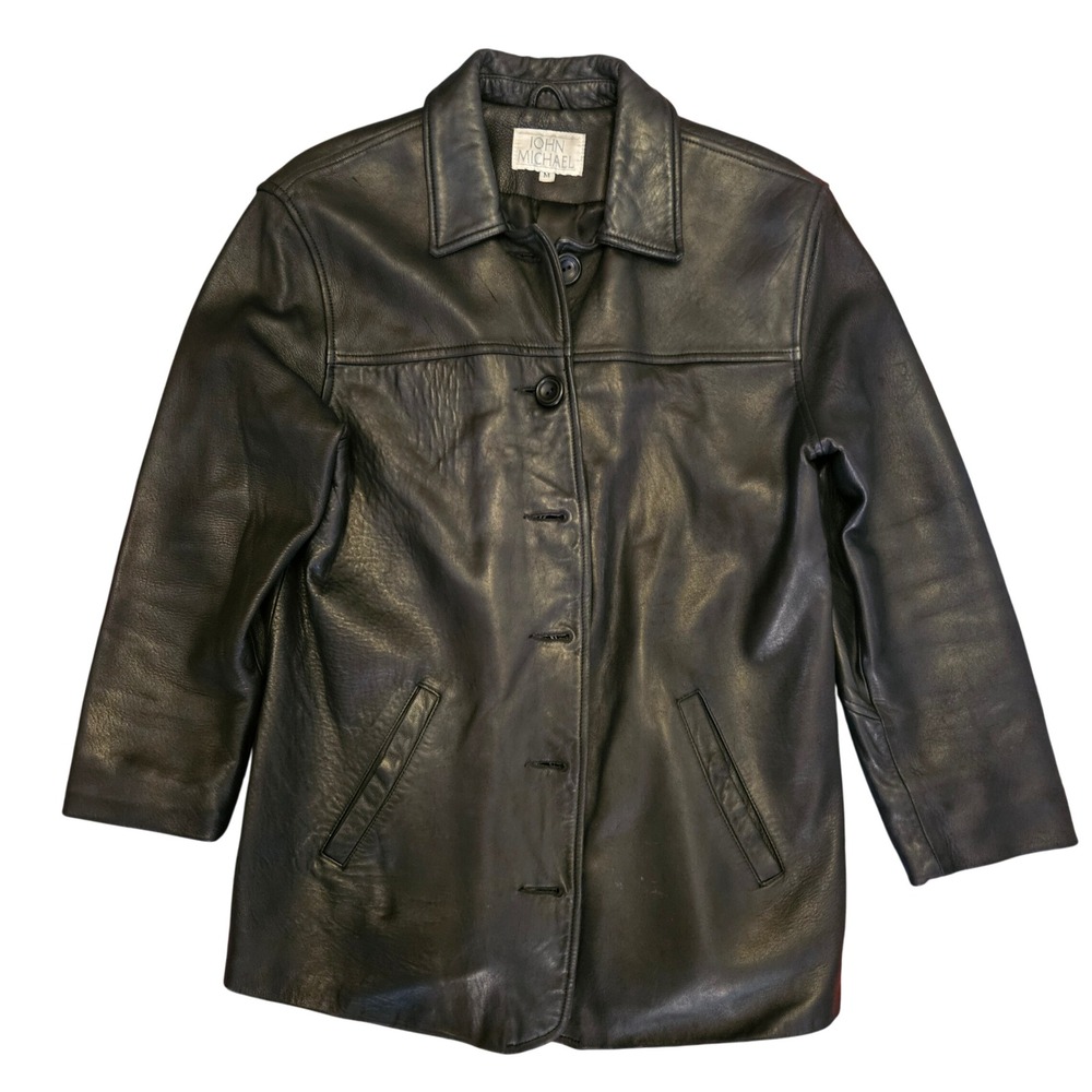 VTG John Michael Black Leather Jacket Button Front 3/4 Sleeve Blazer Medium